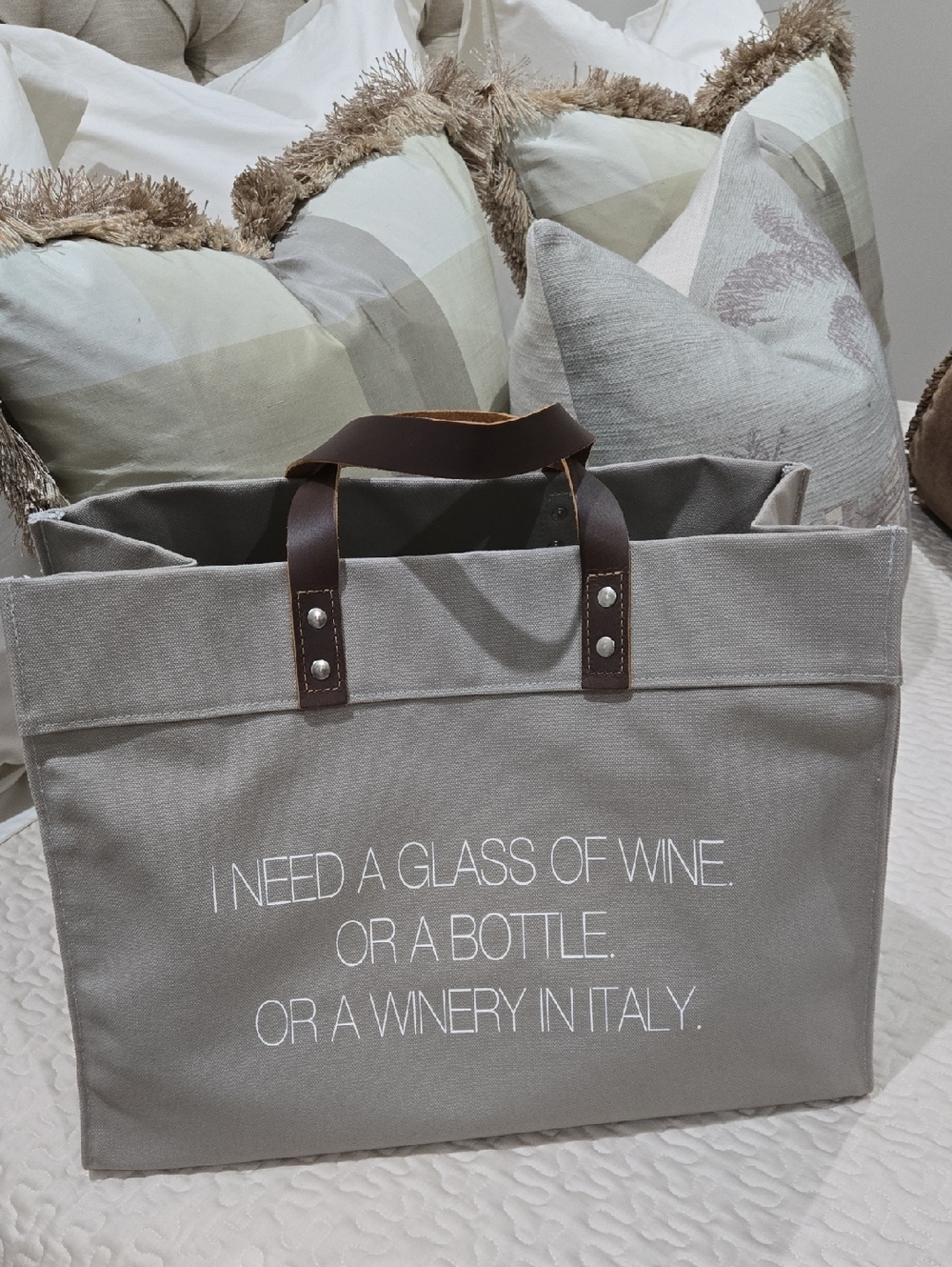 Canvas Wine Tote Bag with Leather Handles - Gray, NWT
